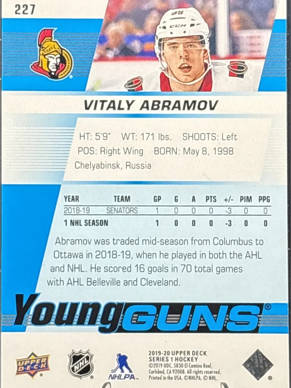 Upper Deck Young Guns Vitaly Abramov Hockey Trading Card